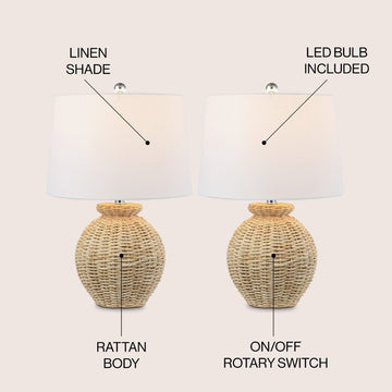 Nora 22" Rustic Coastal Rattan Globe LED Table Lamps - JONATHAN Y
